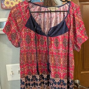 Vintage America Red & Navy Patterned Peasant Tunic